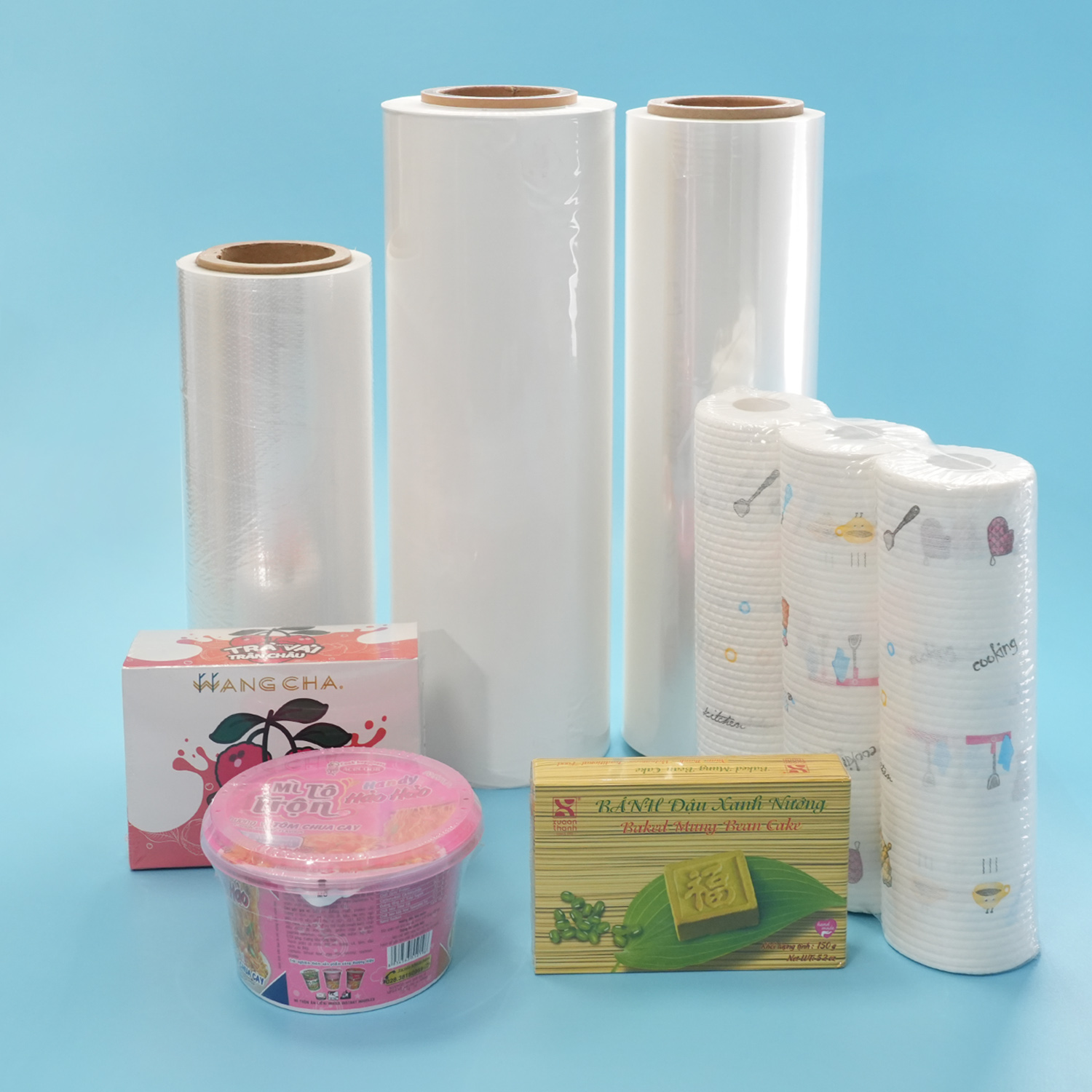 Película termorretráctil de poliolefina reticulada de grado alimenticio impresa personalizada, película retráctil POF transparente flexible con fuerte contracción para alimentos, bebidas y embalaje exterior de productos en general