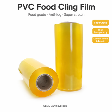 Rollo de película adhesiva elástica de PVC de grado alimenticio | Envoltura plástica personalizada para alimentos, envoltura adhesiva para embalaje de catering de supermercado
